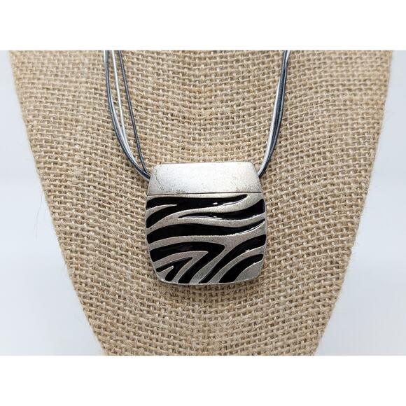Chico's Necklace Gray Black Cord Silver Tone Zebra Stripe Square Pendant - Picture 2 of 5